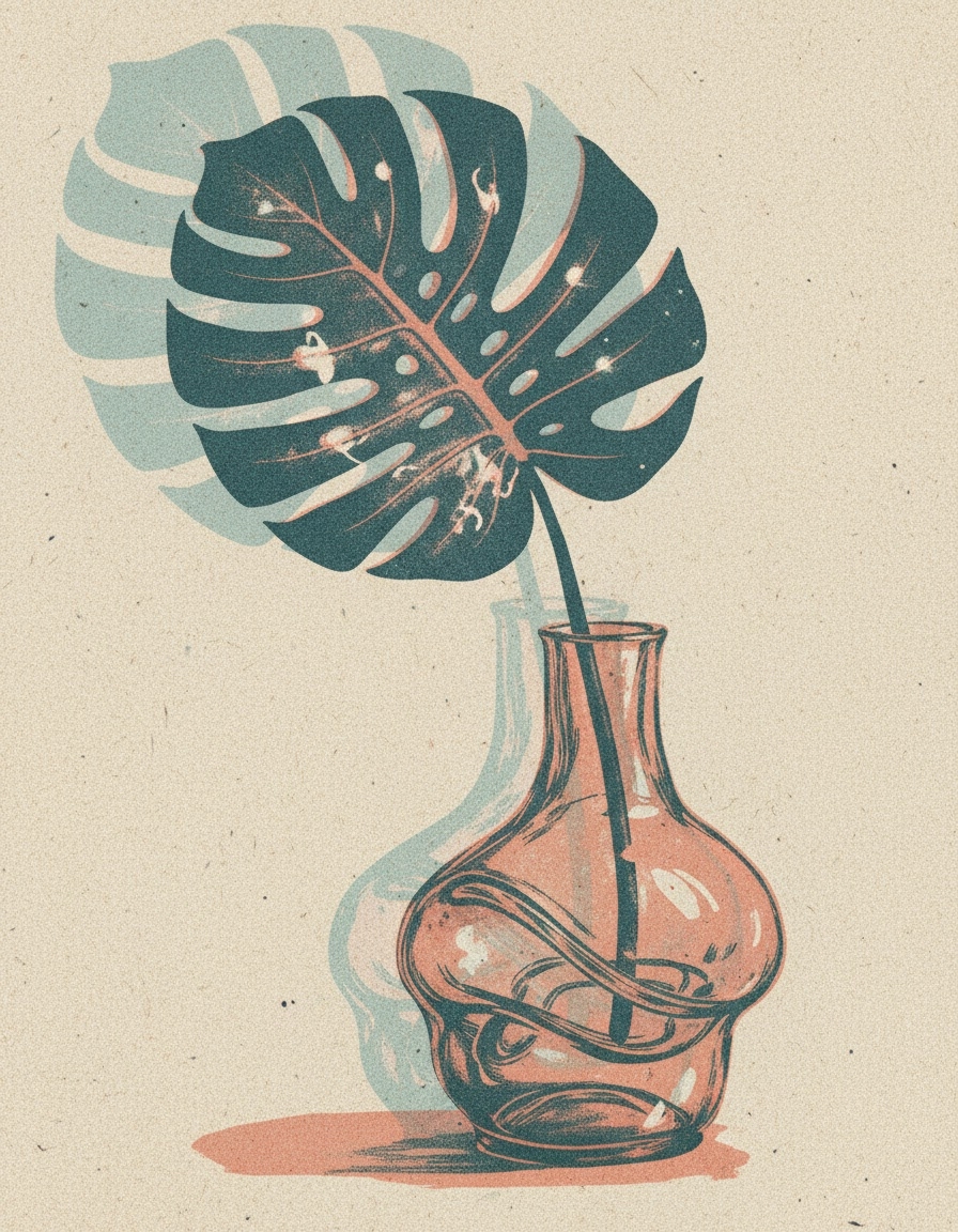 A botanical still life of a monstera leaf and glass vase, risograph duotone teal and coral with intentional misregistration grain, layered translucent inks.