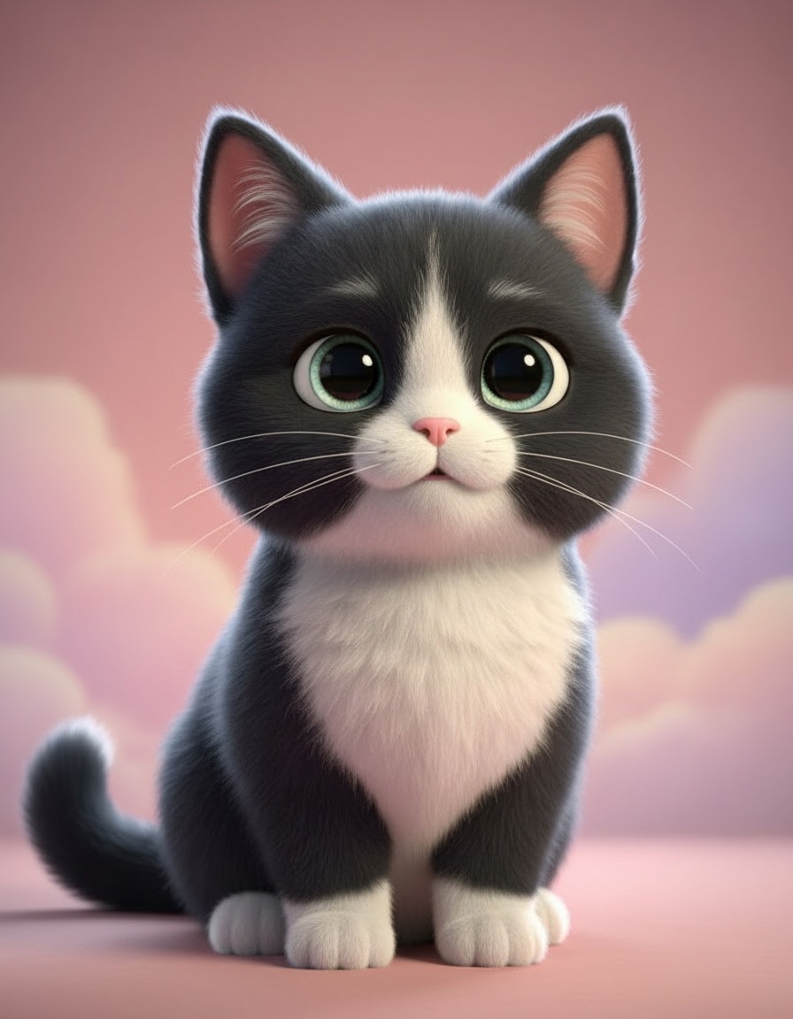 Example output: a Pixar-style cartoon tuxedo cat character with bold outlines and pastel colors. This is what your pet photo looks like after running the prompt through MCP Media Engine img2img.